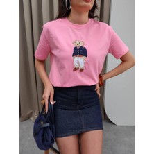 Kadın Bisiklet Yaka Ayıcık Baskılı T-Shirt