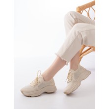 Bej Bağcıklı Fileli Taş Aksesuarlı Günlük Spor Ayakkabı