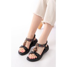 Siyah Taşlı Arka Lastikli Günlük Kadın Sandalet