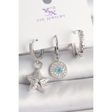 Pirinç Gold Renk Zirkon Taşlı Yıldız Model Nazar Boncuk Detay 3'lü Kadın Kombin Küpe