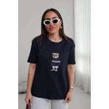 Kadın Bisiklet Yaka Ayıcık Baskılı T-Shirt
