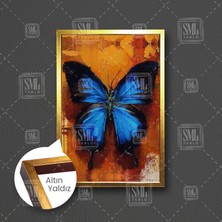 Kanatlarını Açmış Mavi Siyah Kelebek Çerçeveli Dikey Kanvas Tablo