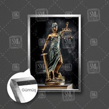 Themis Gözü Kapalı Bir Elinde Kılıç Bir Elinde Terazi Adalet Heykeli Hukuk Büro Dekor Çerçeveli Dikey Kanvas Tablo