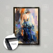 Sırtı Dönük Keman Çalan Tül Elbiseli Kadın Dekor Çerçeveli Dikey Kanvas Tablo