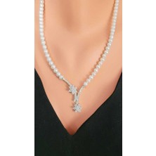 Nusret Takı 925 Ayar Gümüş Inci ve Zirkon Taşlı Çiçekli Kolye