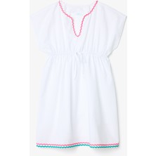Beyaz Genç Kız Color Stripe Ince Bant Detaylı Kaftan