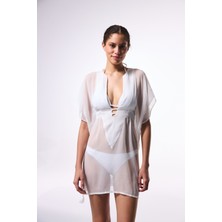 Beyaz Basic Şifon V Yaka Mini Kaftan