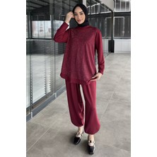 Julude Taş Işlemeli Bisiklet Yaka Tunik Pantolon Tesettür Ikili Takım P-00016179