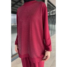Julude Taş Işlemeli Bisiklet Yaka Tunik Pantolon Tesettür Ikili Takım P-00016179
