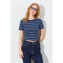 Tena Kadın Lacivert-Beyaz (25512) Bisiklet Yaka Çizgili Kısa Kollu Full Likra Ribana Tişört