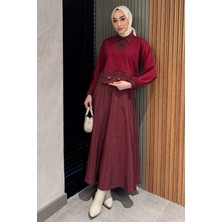 Bel Lastikli Paraşüt Garnili Yaka Çıtçıt Detaylı Bluz Etek Tesettür Ikili Takım P-00015803