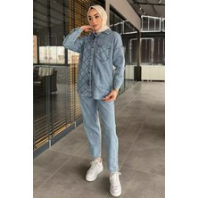 Julude Kadın Tek Cepli Taş Detaylı Jean Kot Ceket Pantolon Tesettür Ikili Takım P-00015609
