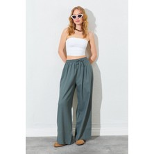 Kadın Haki Beli Lastikli Paçaları Kalın Dikiş Detaylı Pantolon