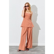 Kadın Kiremit Straplez Bluzlu Palazzo Pantolonlu Takım