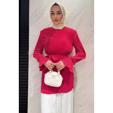Julude Yaka Gül Detaylı Piliseli Kol Lastikli Tesettür Tunik P-00015653