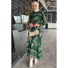 Julude Kendinden Desenli Bel Bağlamalı Tesettür Elbise P-00015540