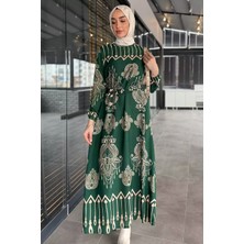Julude Kendinden Desenli Bel Bağlamalı Tesettür Elbise P-00015540