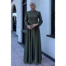 Julude Kol Bağlamalı Pul ve Taş Işlemeli Tesettür Saten Kiloş Abiye P-00015292