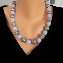 Nusret Takı 925 Ayar Gümüş Telkari Toplu Mavi Kalkedon Taşlı Kolye