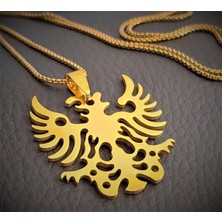 Altın Renk Paslanmaz Çelik Çift Başlı Kartal Kolye / 60 cm Zincirli