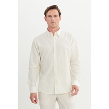 Altınyıldız Classics Erkek Ekru Comfort Fit Rahat Kesim Gizli Düğme Yaka %100 Pamuk Flamlı Gömlek