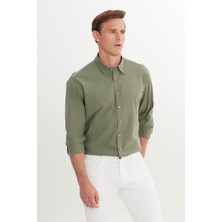 Altınyıldız Classics Erkek Haki Comfort Fit Rahat Kesim Gizli Düğme Yaka %100 Pamuk Flamlı Gömlek