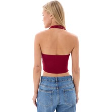 Kadın Bordo Boyundan Bağlamalı Kemer Detaylı Bluz Ayarlanabilir Crop
