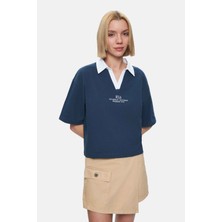 Ucla Polly Lacivert Polo Yaka Sargı Nakışlı Loose Fit Kadın Tshirt