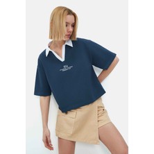 Ucla Polly Lacivert Polo Yaka Sargı Nakışlı Loose Fit Kadın Tshirt