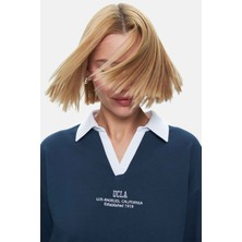 Ucla Polly Lacivert Polo Yaka Sargı Nakışlı Loose Fit Kadın Tshirt