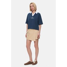 Ucla Polly Lacivert Polo Yaka Sargı Nakışlı Loose Fit Kadın Tshirt
