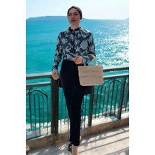 Tesettür Mayo Dijital Desenli Siyah 3 Parça Bone, Üst, Alt Takım Ten ve Vücut Hatlarını Göstermez