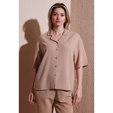 Fashion Friends Keten Karışımlı Standart Fit Kısa Kollu Gömlek Bayan Gömlek 25Y0605K1