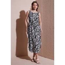 Fashion Friends Standart Fit Bisiklet Yaka Bağlamalı Desenli Midi Elbise Bayan Elbise 25Y0154K1