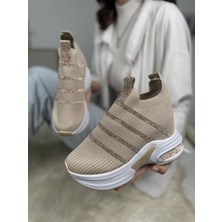 Nstil Günlük Triko Kadın Sneaker Gizli Topuk Taşlı Oval Burun Rahat Kalıp Nefes Alabilen Spor Ayakkabı 271