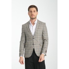 Frappoli Ferruci Erkek Siyah - Hardal Ekose  Slim Fit Dar Kesim Mono Yaka Blazer Ceket