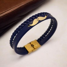 Altın Plakalı 14 Ayar Erkeklere Özel Bıyık Motifli Derili Harf Bilekliği-384Harf-LACIVERT