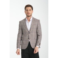 Frappoli Ferruci Erkek Siyah - Hardal Ekose  Slim Fit Dar Kesim Mono Yaka Blazer Ceket