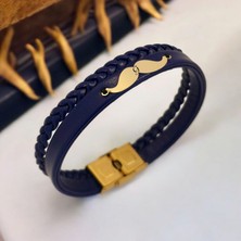 Altın Plakalı 14 Ayar Erkeklere Özel Bıyık Motifli Derili Harf Bilekliği-384Harf-LACIVERT