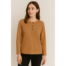 Fitilli Düğme Detaylı Anne Bluz Kahverengi