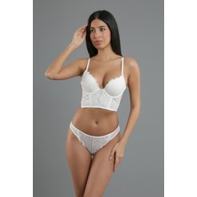 New Bra Ekru Kadın Dantelli Çift Push Up Sütyen Külot Takım