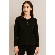 Fitilli Düğme Detaylı Anne Bluz Siyah