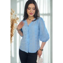 Lupinn Moda Mavi V Yaka Kendinden Desenli/nakışlı Kadın Bluz