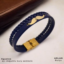 14 Ayar Altın Plakalı Erkeklere Özel Bıyık Motifli Derili Doğum Ay Bilekliği-384AY-LACIVERT