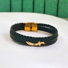 Altın Plakalı 14 Ayar Kılıç Figürlü Erkeklere Özel Özgün Derili Harf Bilekliği-385Harf-YEŞIL