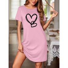 Defy Moda Kadın Kısa Kollu Bisiklet Yaka Kalp Desenli Viskon Elbise