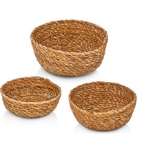 Mcreative 3'lü El Yapımı Hasır Yuvarlak Dekoratif Çerezlik Meyvelik, Dekoratif Amaçlı Mini Hasır Sepetler 16 cm*7 cm-14 cm*6 cm-12 cm*5 cm