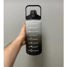 Litre Pipetli Şeffaf Su Şişesi, Zaman Işaretleri ve Çıkartmalı Motive Edici Su Matarası (Siyah-Beyaz)
