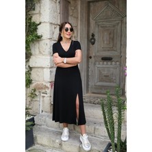 Modasize Kadın Kısa Kollu V Yaka Maxi Boy Elbise 124 cm