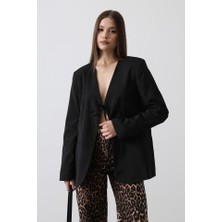 Modasize Önü Bağlamalı Blazer Ceket - Siyah